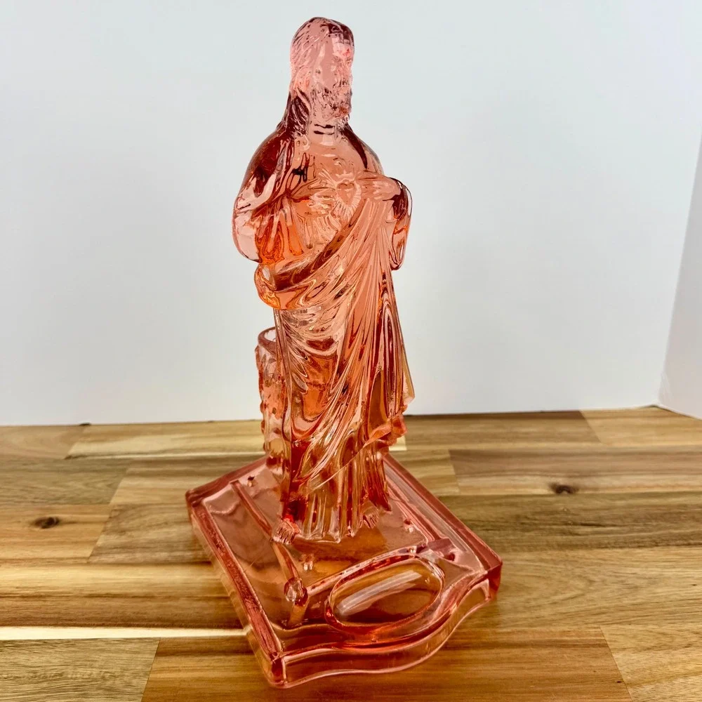 Antique Jesus Christ Pink Depression Glass‎ Sacred Flaming Heart Candle Holder